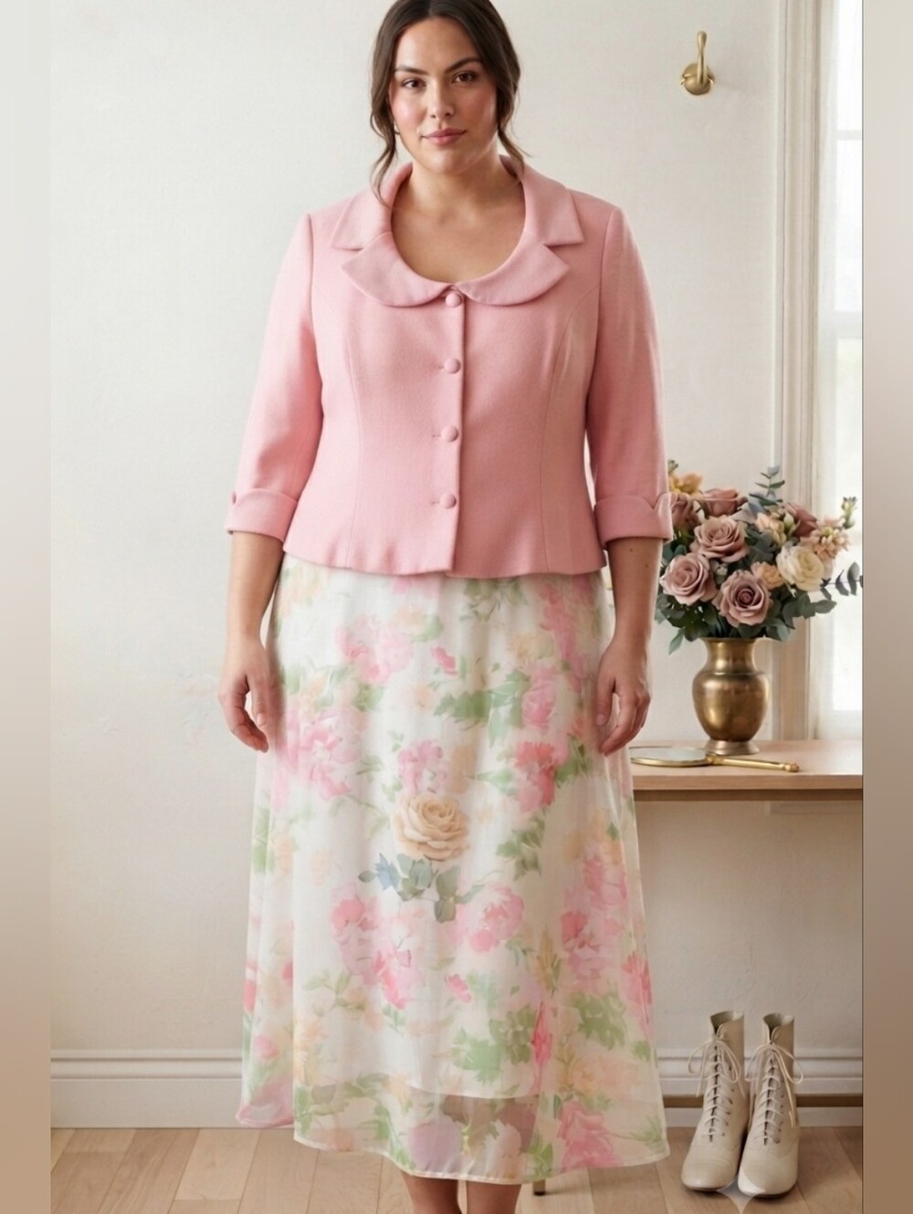 VTG Dressbarn Floral Maxi Skirt & Pink Blazer Jacket Set Coquette Cottagecore L